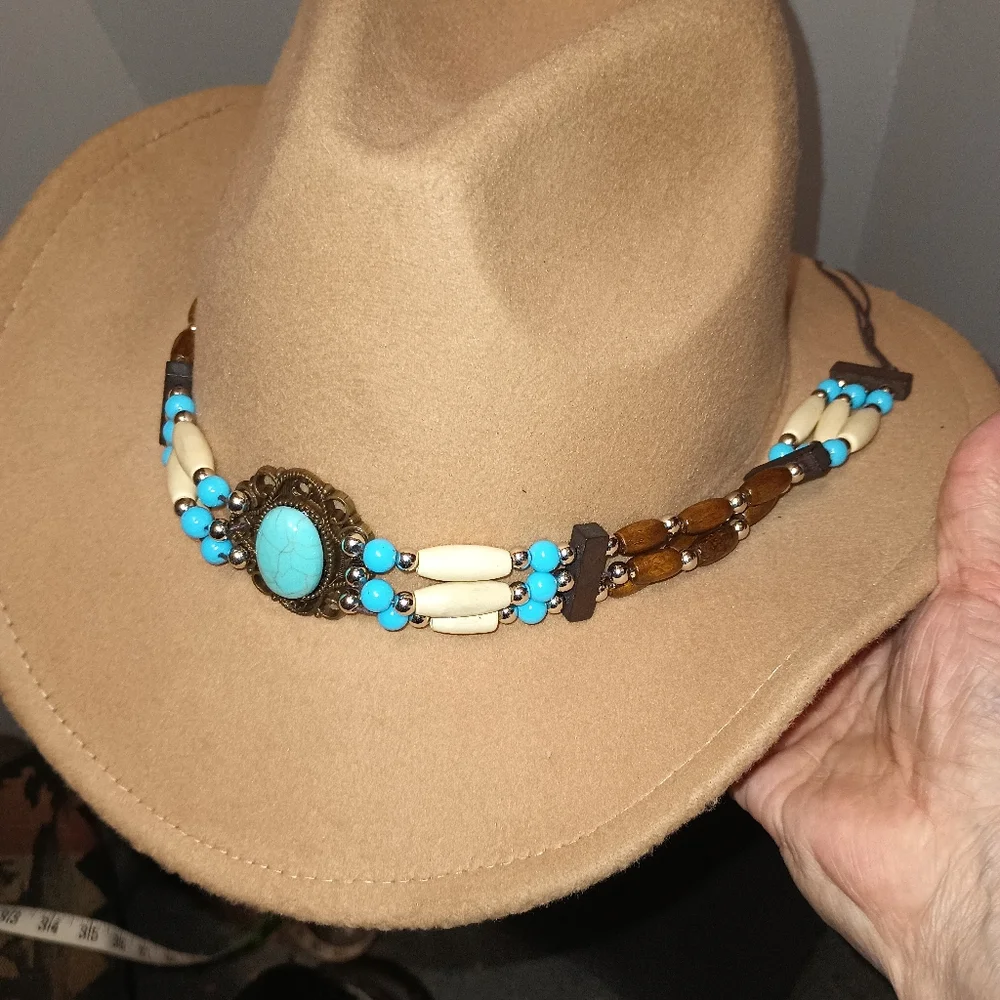 Tan Western Hat with Turquoise and Brown Beaded Band - Picture 7 of 9